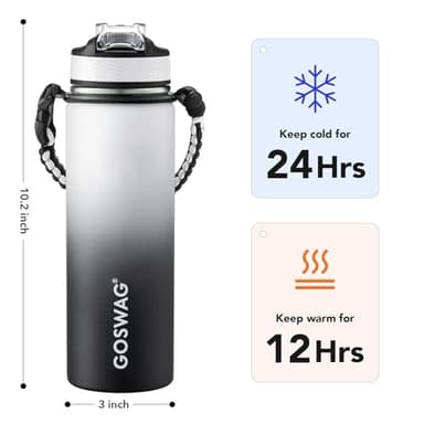 GOSWAG Insulated Sports Water Bottle, 24oz 2 Lids(with Straw/No Straw), Stainless Steel Water Bottles with Paracord Handle, Insulated Bottle with Double-Wall Vacuum Insulation - Image 2