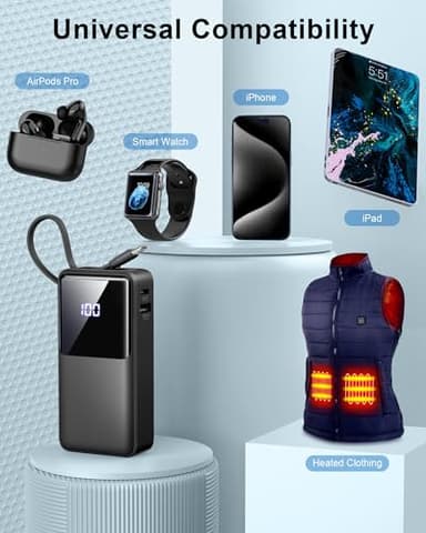 Power Bank 10000mAh, Portable Charger with Built-In USB-C Cable, PD 15W Fast Charging Battery Pack, Clear LED Display portable phone charger, Travel Essentials for iPhone Android Phones etc, Black - Image 7