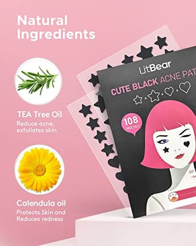 LitBear Acne Patch Pimple Patch, Black Star & Heart Shaped Acne Absorbing Cover Patch, Hydrocolloid Acne Patches For Face Zit Patch Pimple Sticker Acne Dots, Tea Tree Oil + Centella (108 Count) - Image 5