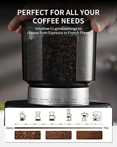 SHARDOR Conical Burr Espresso Coffee Grinder Electric with Precision Timer 2.0, Touchscreen Adjustable Burr Mill with 51 Precise Settings for Home Use, Anti-static, Stainless Steel - Image 4