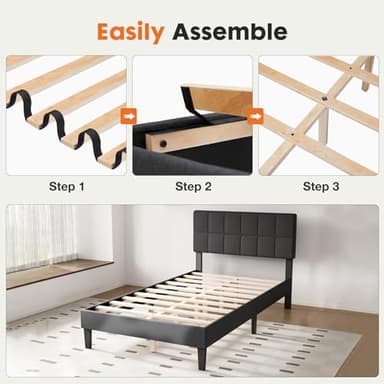 Sweetcrispy Twin Size Wood Bed Frame - Linen Upholstered Platform Bed with Headboard, No Box Spring Needed with 800LBS Sturdy Wooden Slats Support, Noise Free, Easy Assembly, Dark Grey - Image 4