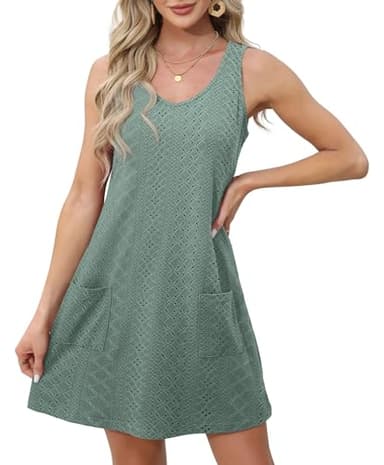 OFEEFAN Swimsuit Coverup for Women Summer Dresses 2025 Loose V Neck Swing Tank Dress Sundresses with Pockets Eyelet Green S - Image 4