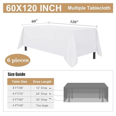 sancua 6 Pack White Tablecloth 60 x 120 Inch, Rectangle Table Cloth for 8 Feet Tables - Stain and Wrinkle Resistant Washable Polyester Table Cover for Dining Tables, Buffet Parties and Camping - Image 7