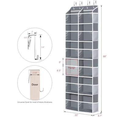 Univivi Over the Door Organizer, 6 Tiers Behind Door Storage with Clear Deep Pockets Hanging Organizer for Closet, Bedroom, Nursery, Bathroom and Sundries (Grey) - Image 2