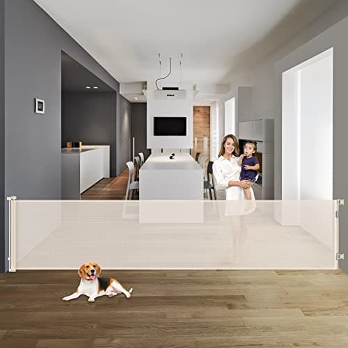 122 Inch Retractable Baby Gates Extra Wide Retractable Dog Gate for Large Openings Dog Gates for The House Extra Wide Gates for Dogs Indoor Extra Long Baby Gate Outdoor Deck Gate Porch Gate, Beige - Image 1