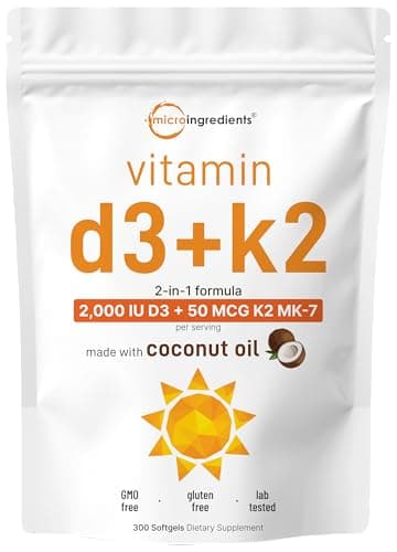 Micro Ingredients Vitamin D3 2,000 IU + K2 MK-7 50 mcg, 300 Softgels | Virgin Coconut Oil | 2-in-1 Bone, Immune & Heart Support | Easy to Swallow, Non-GMO - Image 1