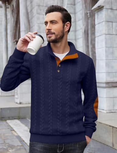 QOSOQ Men's Cable Knit Pullover Sweater Casual Long Sleeve Stand Collar Quarter Button Knitted Sweatshirts Quilted Sweatshirt Navy - Image 4