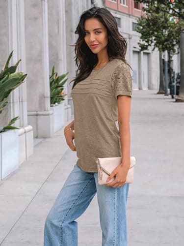 AUTOMET Women's Short Sleeve Shirts Dressy Lace Summer Tops 2025 Spring Trendy Casual T-Shirts Cute Work Outfits Blouses Khaki M - Image 3