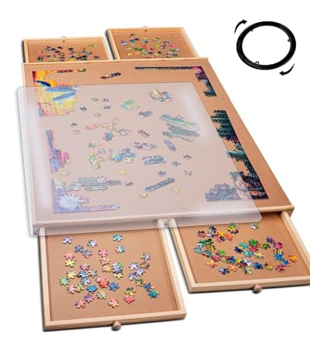 PlayVibe 1000 Piece Rotating Puzzle Board with Drawers and Cover - Jigsaw Puzzle Table with Cover & 4 Compartments - 22” x 30 Portable Wooden Lazy Susan and Spinning Accessory - Image 1
