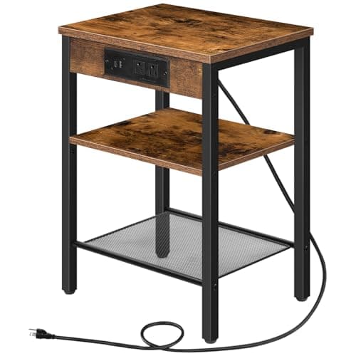 HOOBRO Side Table with Charging Station and USB Port, Small End Table for Small Space, 3-Tier Nightstand with Adjustable Shelf, for Living Room, Bedroom and Balcony, Rustic Brown BF112BZ01 - Image 1