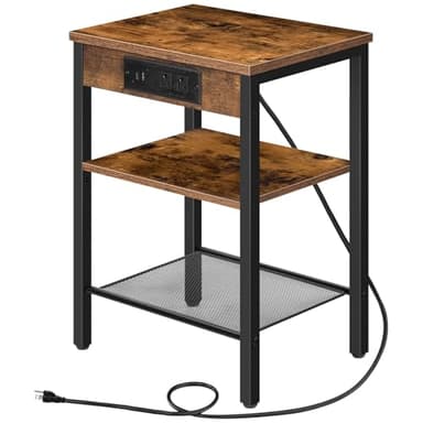 HOOBRO Side Table with Charging Station and USB Port, Small End Table for Small Space, 3-Tier Nightstand with Adjustable Shelf, for Living Room, Bedroom and Balcony, Rustic Brown BF112BZ01 - Image 1
