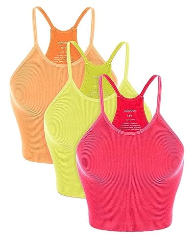 ODODOS Women's Crop 3-Pack Seamless Rib-Knit Camisole Crop Tank Tops, Long Crop, Neon Pink Green Orange, Medium/Large - Image 1