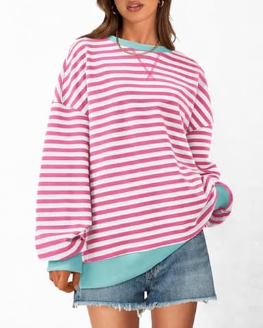 BTFBM Womens Oversized Striped Sweatshirt Crewneck Long Sleeve Pullover Top Casual Y2K Fall Clothes 2025 Workout Shirt(Pink White, X-Large) - Image 3