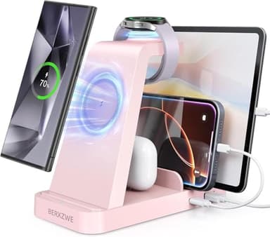 Wireless Charger for Samsung, 5 in 1 Wireless Charging Station for Samsung, Charger Dock Stand for Galaxy Watch Ultra 7 6 5 4 3, Galaxy S25 S24 Ultra S23 S22 S21, Note 20 10 Z Fold Buds, Pink - Image 1