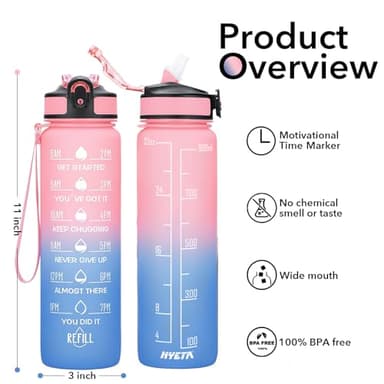 Hyeta 32 oz Water Bottles with Times to Drink and Straw, Motivational Water Bottle with Time Marker, Leakproof, Drinking Sports Water Bottle for Fitness, Gym and Outdoor - Image 2