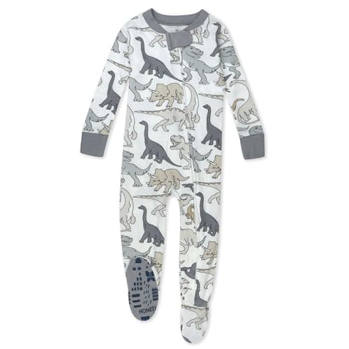 HonestBaby Non-Slip Footed Pajamas One-Piece Sleeper Zip-Front Pjs 100% Organic Cotton for Baby Boys, Dino Mite, 12 Months - Image 1