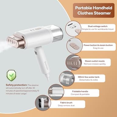 Newbealer Dual Voltage Garment Steamer - 120V/220V, 1200W Powerful Steamer for Clothes, Home & Travel Use, Horizontal & Vertical Steaming, 20s Heat-up, Foldable, 1.72lbs, 180ml (Gold) - Image 9