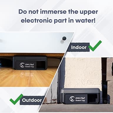 OWLTRA 2 Pack OW-7 in-/Outdoor Electric Rodent Trap, Instant Kill Mouse & Rat Zapper with Waterproof Cover, Sound & Light Alarm, and Batteries or USB Power Source, Waterproof Grade IPX4, Black - Image 6