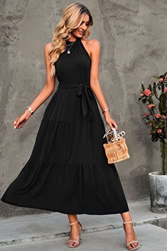 PRETTYGARDEN Women's Summer Maxi Sun Dress Sleeveless Halter Neck Flowy Ruffle Hem Long Boho Dresses with Belt (Solid Black,X-Large) - Image 5