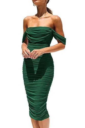 PRETTYGARDEN Women's Summer Off The Shoulder Ruched Bodycon Dresses Sleeveless Fitted Party Club Midi Dress (Dark Green,Medium) - Image 1