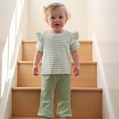 Demdzq Toddler Baby Girl Summer Clothes Striped Ruffles Short Sleeve T-Shirt Top Elastic Flare Pants Infant Spring Clothes (Cute Green, 2-3T) - Image 4