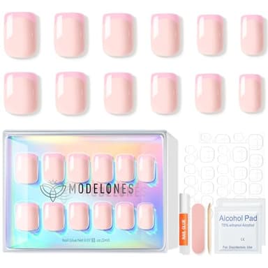 Modelones Pink French Tip Press On Nails, Spring Summer Short Square Fake Nails, Reusable Nail Kit with Nail Glue Adhesive Tabs Mini Nail File, Nails Press Ons 32Pcs 16 Sizes - Image 7