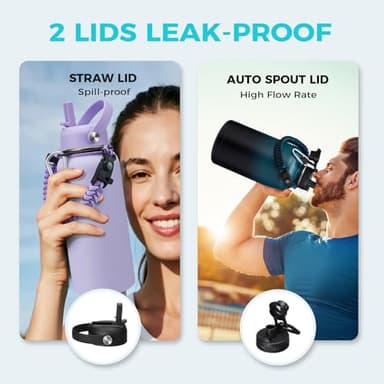 64 oz Insulated Water Bottle with Straw & Auto Spout Lids, Paracord Handle, Half Gallon Waterbottle Strap Carrier & Protective Boot, Wide Mouth Metal Canteen Thermo Mug, Leak-proof Sports Black Jug - Image 7