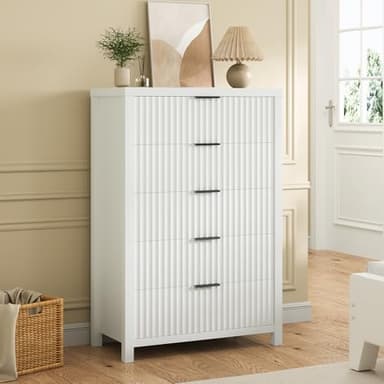 Jocoevol White Dresser for Bedroom with 5 Drawers, Wide Chest of Drawers with Thick Plank Styling, Modern Dresser for Closet Store Organizer for Bedroom, Living Room, Hallway - Image 3