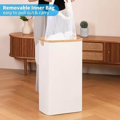 efluky Slim Laundry Basket with Lid, Narrow Laundry Hamper with Removable Bag, Skinny Dirty Clothes Basket with Bamboo Handles for Bathroom, Bedroom & Laundry Room, 63L Beige - Image 3