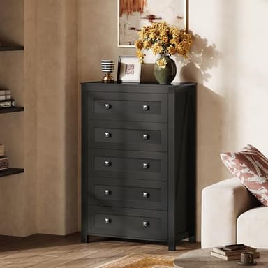 WLIVE Farmhouse 5 Drawer Dresser for Bedroom, Wood Dresser Storage Organizer, Tall Black Dressers with Double Rustic Handle, Chest of Drawers for Living Room, Hallway, Closet - Image 2
