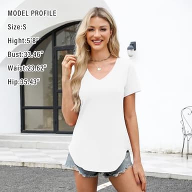 Elesomo Womens V Neck Tshirts Short Sleeve Summer Cotton Tee Shirt Tops, White L - Image 2