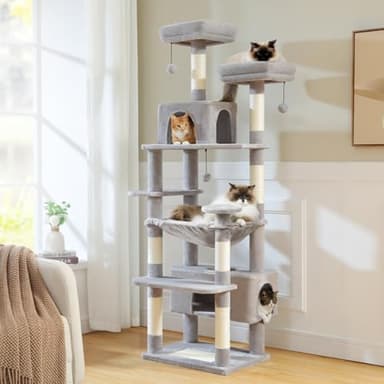 PAWZ Road Large 72 Inch Cat Tree and Tower for Indoor Cats - With Sisal-Covered Scratching Posts, Padded Perches, Condos, and Basket - Gray - Image 2