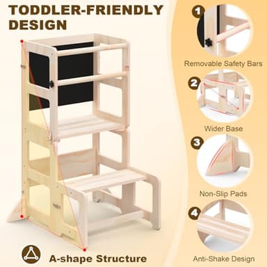 Toddler Kitchen Step Stool, 4-in-1 Foldable Standing Tower with Blackboard, Toddler Step Stool for Bathroom Sink, Kitchen Counter, Ages 18 Months to 4 Years - Image 3