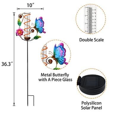 BAYN 36.3” Rain Gauge Outdoor Solar Powered 10 LEDs 7” Tube Garden Butterfly Metal Decorative Stake with Waterproof Large Glass Tube Rain Guage for Yard, Garden, Patio, Lawn - Image 4