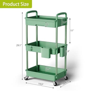 Sorgion 3 Tier Rolling Cart Organizer,Laundry Room Bathroom Organizers and Storage Office Shelves Mobile Shelving Unit Kitchen Trolley Cart with Wheels for Art,Craft,Diaper,Bedside,Snack(Green) - Image 3