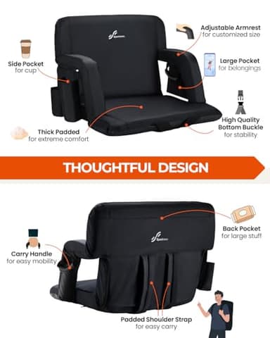 Sportneer Stadium Seats with Back Support: 2.5'' Thick Comfy Cushion 6 Adjustable Angle Bleacher Seat with Armrest - 2 Large Pockets, 2 Cup Holders Stadium Chair for Sport Events Concerts Parks - Image 5
