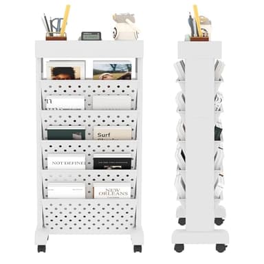 YEMUNY 6 Tier Rolling Utility Cart Multi-Functional Movable Storage Book Shelves with Lockable Casters for Study Office Classroom, White - Image 4