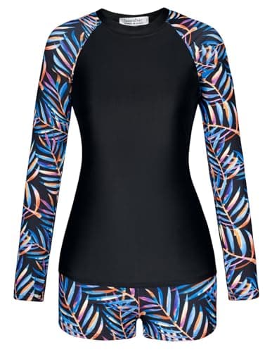 Women's Long Sleeve Swimsuits Two Piece High Waisted Rash Guard with Built in Bra M - Image 1