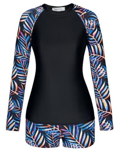 Women's Long Sleeve Swimsuits Two Piece High Waisted Rash Guard with Built in Bra M - Image 1