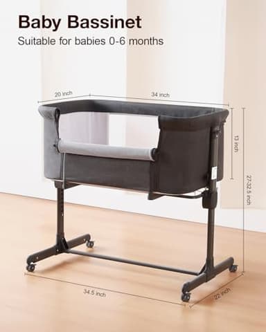 Larex Baby Bassinet, 3 in 1 Bassinets Bedside Sleeper for Newborn, Portable Crib Adjustable 7 Height Bedside Bassinet with Mattress and Wheels Dark Grey - Image 6