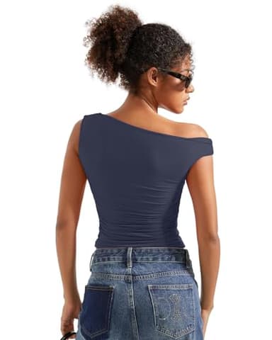 SUUKSESS Women Off Shoulder Tops Sleeveless Shirts Y2K Trendy Going Out Crop Tank Top (Navy Blue,XS) - Image 3