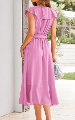 PRETTYGARDEN Women's 2025 Summer Cross Maxi Dress Casual Boho Deep V Neck Short Sleeve Ruffle Hem Split Beach Long Dresses (Bright Pink,Large) - Image 6