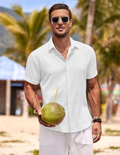 COOFANDY Men's Linen Shirts Short Sleeve Casual Shirts Button Down Shirt for Men Beach Summer Wedding Shirt - Image 2