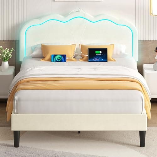 VECELO Upholstered Full Bed Frame with Headboard Adjustable, LED Lights, USB-A & Type-C, Velvet Platform Bed Noise Free, Mattress Foundation with Wooden Slats, No Box Spring Needed, Beige - Image 1
