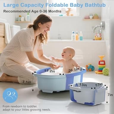 Collapsible Baby Bathtub - Large Baby Bath Tub with Thermometer & Cushion | Travel Portable Newborn Infant Bathtub | Foldable Toddler Bathtub for Baby 0 to 36 Months (Blue) - Image 3