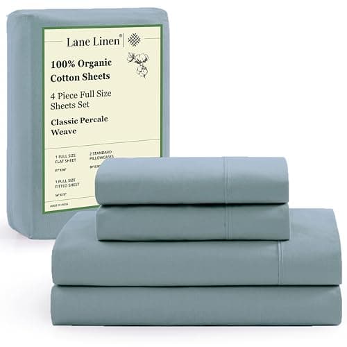 LANE LINEN 100% Organic Cotton Full Sheets Set 4-Piece Pure Percale Soft Bedding Breathable Fits Mattress Upto 15" Deep - French Blue - Image 1