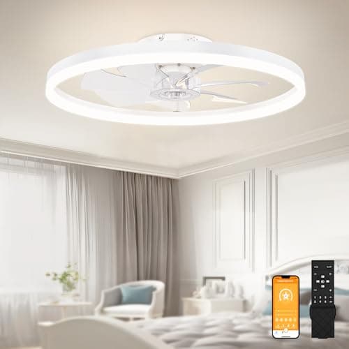 VOLISUN Low Profile Ceiling Fans with Light and Remote,23.6in Modern Bladeless Ceiling Fan with Lights,3000K-6500K Dimmable Flush Mount LED Fan Light,White Fandelier Ceiling Fans for Bedroom - Image 1