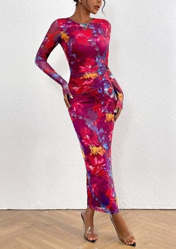 PRETTYGARDEN Women's Bodycon Maxi Dress Fall Spring Fashion Long Sleeve Floral Print Tight Fitted Party Club Ruched Dresses (Navy Red Big Floral,Medium) - Image 7