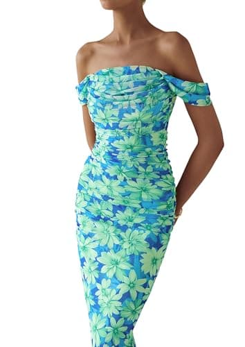 PRETTYGARDEN Maxi Dresses for Women 2025 Summer Elegant Floral Off Shoulder Ruched Mesh Cocktail Wedding Guest Dress (Light Green Daisy,Medium) - Image 5
