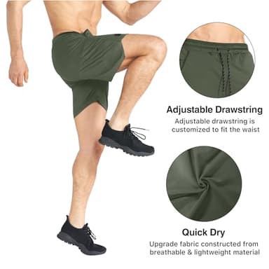 BROKIG Men's Inzip Lightweight Gym Workout Shorts,5 Inch Fitted Athletic Lifting Bodybuilding Shorts with Zipper Pockets(Large,Army Green) - Image 2